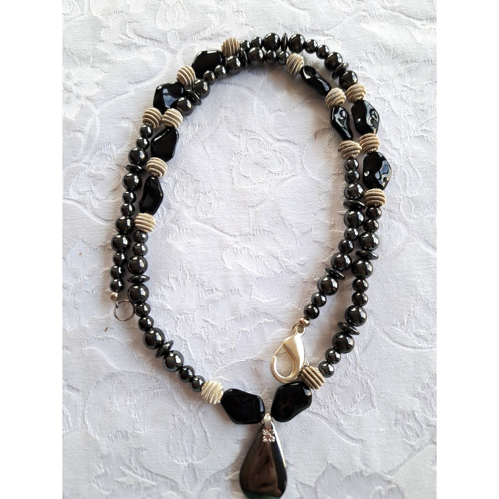 Gemstone Fashion Jewelry Beaded Necklace Natural Hematite Pendant Long